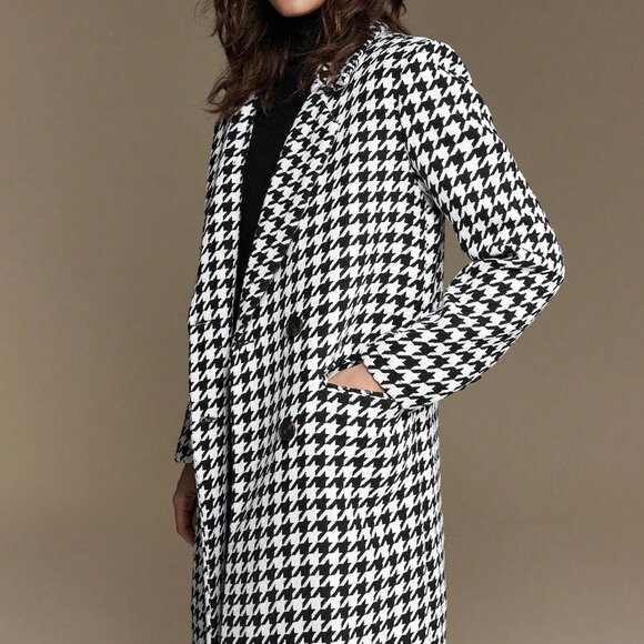 Black And White Elegant Women's Cinched Waist Houndstooth Jacket - Picture 5 of 8